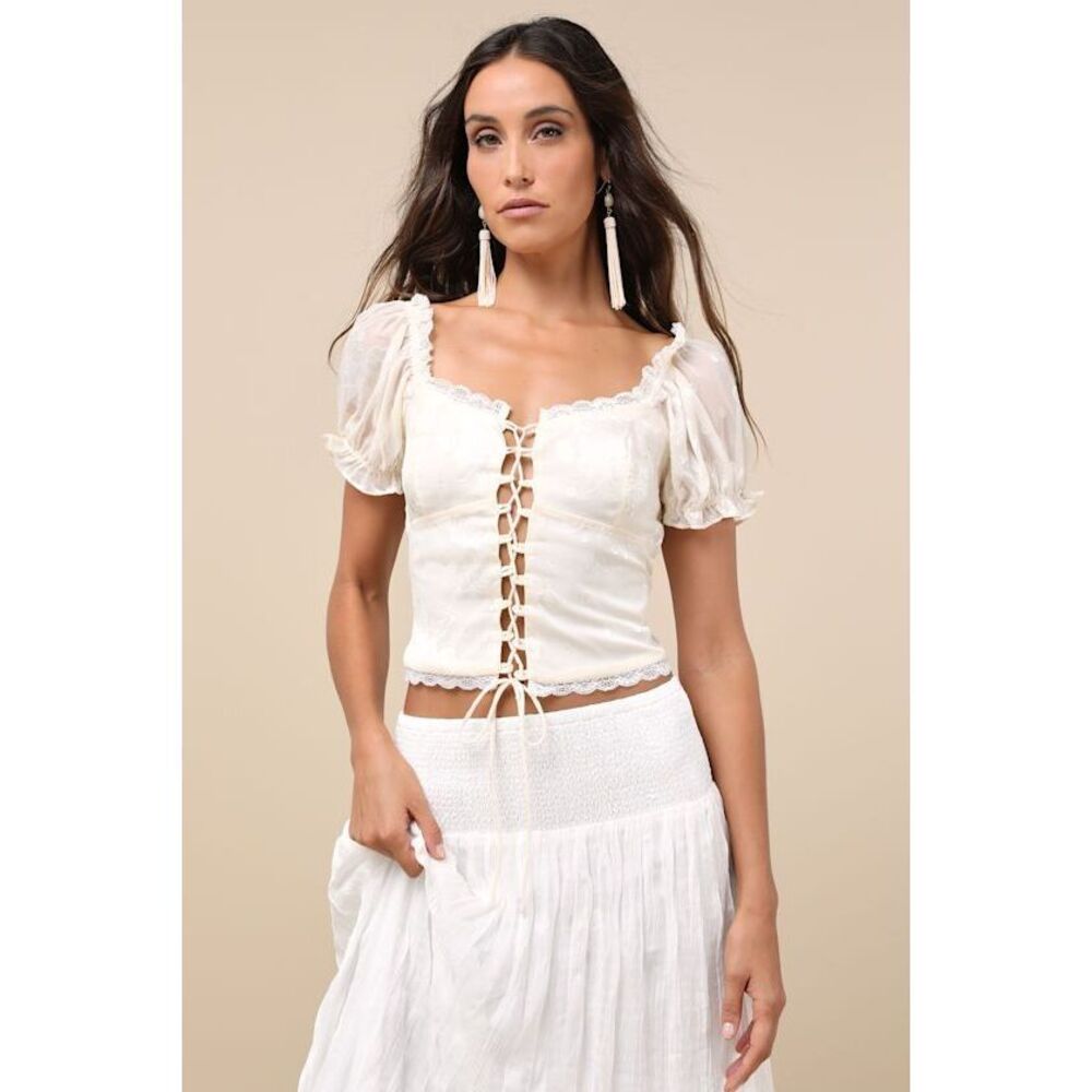 Lulus Pristine Sweetness Cream Floral Jacquard Lace-up Crop Top White - Size M